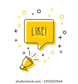 megaphone and word 'like' in speech bubble on yellow background. flat thin line vector illustration. modern banner and poster social media marketing advertising concept template. eps 10