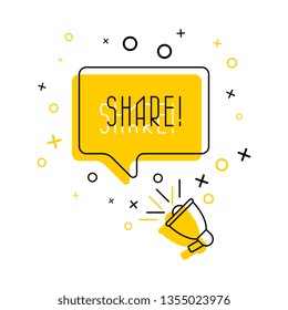 megaphone and word 'share' in speech bubble on yellow background. flat thin line vector illustration. modern banner and poster social media marketing advertising concept template. eps 10