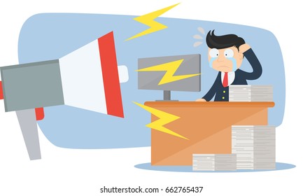 megaphone yelling to stressed employee, businessman cartoon vector illustration