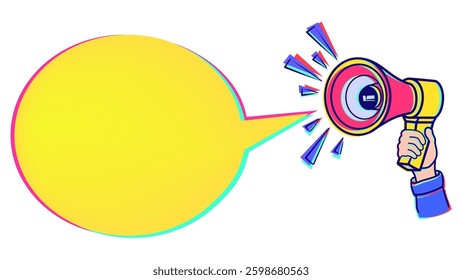 Megaphone with yellow bubble speech. Loudspeaker sign. Horn Shout announce isolated on white background. Poster advertising, promotion banner, marketing speech or client support vector illustration