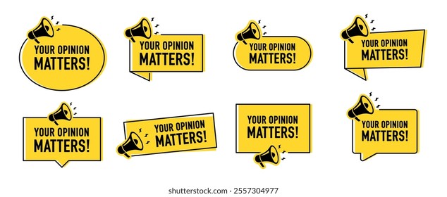 Megaphone with Your opinion matters night speech bubble. Loudspeaker. Banner for business, marketing and advertising. Vector illustration.