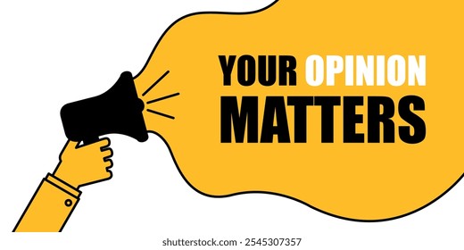 Megaphone with 'Your Opinion Matters' text in yellow speech bubble on white background.