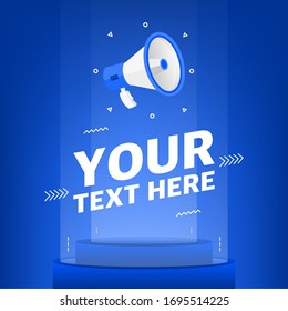 Megaphone with your text here text in the air. Banner for business, marketing and advertising on blue background. Vector illustration.