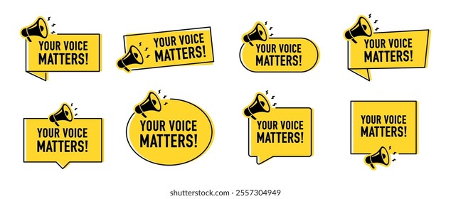 Megaphone with your voice matters speech bubble. Loudspeaker. Banner for business, marketing and advertising. Vector illustration.