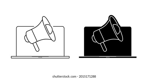 Megaphoneor loudspeaker coming out from of laptop icon. Digital marketing.  Illustration vector