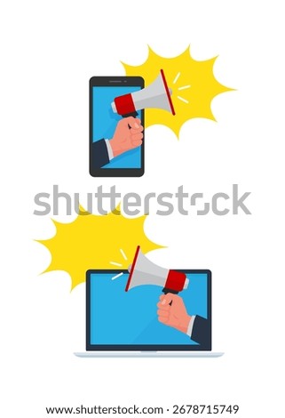 Megaphones appear out from smartphone and laptop screens to shout alerts for product promotions. Vector illustrations. Stock illustration: