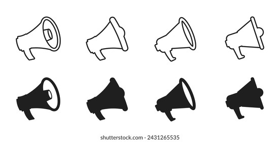 Megaphones icons set. Graphic design of megaphone icons. Set of simple megaphone icons, and megaphone linear icons. Speaker icon. Loudspeaker. Vector illustration