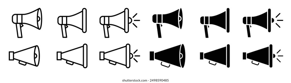 Megaphone-Symbole gesetzt. Megaphon-Symbol, Vektorlogo-Design. Ankündigung, Medien, Nachrichten, Benachrichtigungen, Alarm, wichtig, Sirene, Radio, Ton, Geschäft, Datensatz, Bullhorn, Megaphon Icons Sammlung.