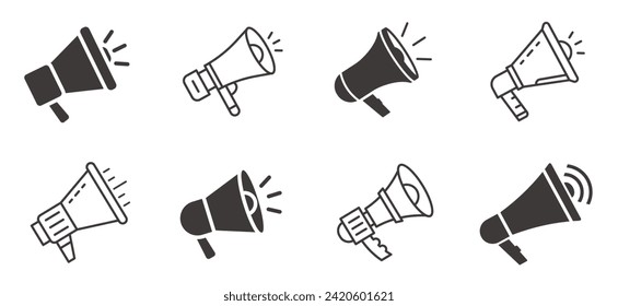 Megaphones icons set vector design. Black icons and line arts of megaphones.