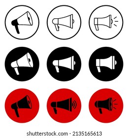 Megaphones icons. Speaker Sign Set. Circle button. Vector outline icon, isolated on white background