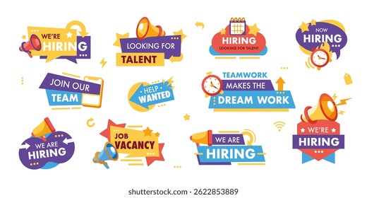 Megaphones offer banners. Hiring megaphone labels. Recruitment job vacancy. Communication teamwork loudspeaker. Job announcement. HR and career vector badges. - Powered by Shutterstock - Get 15% off with code: PIKWIZARD15