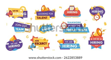 Megaphones offer banners. Hiring megaphone labels. Recruitment job vacancy. Communication teamwork loudspeaker. Job announcement. HR and career vector badges.