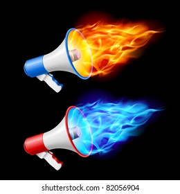 Megaphones in red and blue flame. Illustration on black background