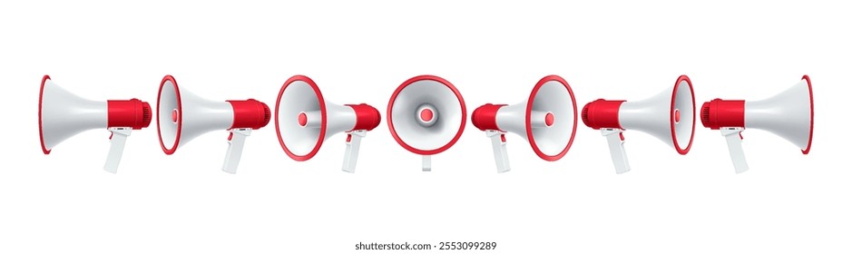 Megaphones side and front views realistic vector illustration set. Powerful loudspeakers attracting attention 3d models on white background