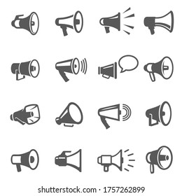 Megaphones, speakers line and bold black icons set isolated on white background. Loudspeakers, bullhorns pictograms collection, logos. Voice, sound amplifying vector elements for infographic, web.