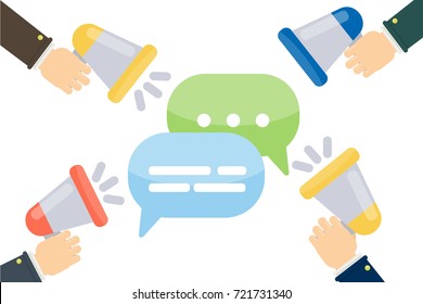 Megaphones with speech bubbles on white background. Text and say.