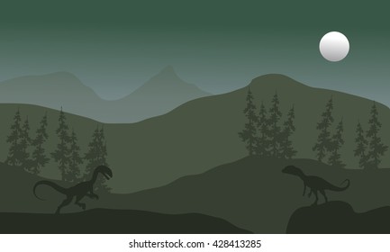 Megapnosaurus in hills scenery silhouette at the night