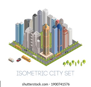 Megapolis 3d isometric city. Houses set, office, bank, skyscraper, buildings. School bus isometric, Offroad car, camper van. Park tree vector. Cartoon business town illustration.