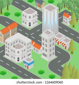 Megapolis 3d isometric three-dimensional view of the city. Collection of houses, skyscrapers, buildings, built and supermarkets with streets and traffic. 