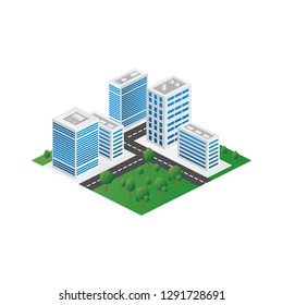 Megapolis 3d isometric three-dimensional view of the city. Collection of houses, skyscrapers, buildings, built and supermarkets with streets and traffic