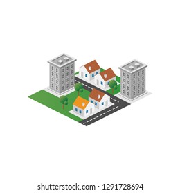 Megapolis 3d isometric three-dimensional view of the city. Collection of houses, skyscrapers, buildings, built and supermarkets with streets and traffic