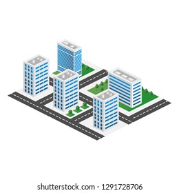 Megapolis 3d isometric three-dimensional view of the city. Collection of houses, skyscrapers, buildings, built and supermarkets with streets and traffic