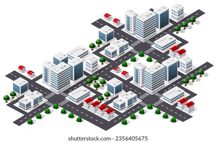 Megapolis 3d isometrische dreidimensionale Sicht auf die Stadt. Sammlung von Häusern, Wolkenkratzern, Gebäuden, Bauten und Supermärkten mit Straßen und Verkehr. Die Stockvektorgrafik