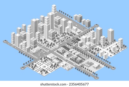 Megapolis 3d isometric three-dimensional view of the city. Collection of houses, skyscrapers, buildings, built and supermarkets with streets and traffic. The stock vector