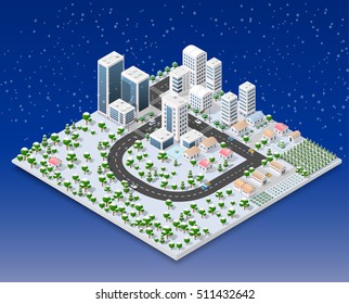 Megapolis 3d isometric three-dimensional view of the city. Collection of houses, skyscrapers, buildings, built and supermarkets with streets and traffic. The stock vector
