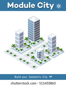 Megapolis 3d isometric three-dimensional view of the city. Collection of houses, skyscrapers, buildings, built and supermarkets with streets and traffic. The stock vector
