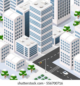 Megapolis 3d isometric three-dimensional view of the city. Collection of houses, skyscrapers, buildings, built and supermarkets with streets and traffic. The stock vector
