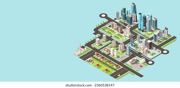 Ciudad de Megapolis, calle larga, arquitectura moderna, centro de ciudad, enorme casa, paisaje urbano, centro con rascacielos de oficina y edificio. Construcción de negocios. Isometric vector ilustración