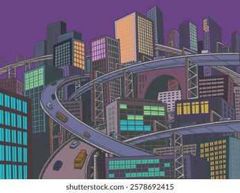 Megapolis city with many roads high. Urbanism is a modern problem. Sale of real estate and tourist trips to the capitals of the world. Comic cartoon pop art retro vector illustration hand drawing