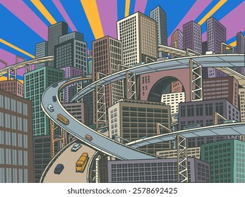 Megapolis city with many roads high. Urbanism is a modern problem. Sale of real estate and tourist trips to the capitals of the world. Comic cartoon pop art retro vector illustration hand drawing