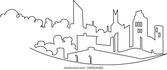 Megapolis. Continuous line drawing.Illustration of the highway and cityscape of the city. Vector