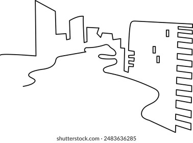 Megapolis. Continuous line drawing.Illustration of the highway and cityscape of the city. Vector