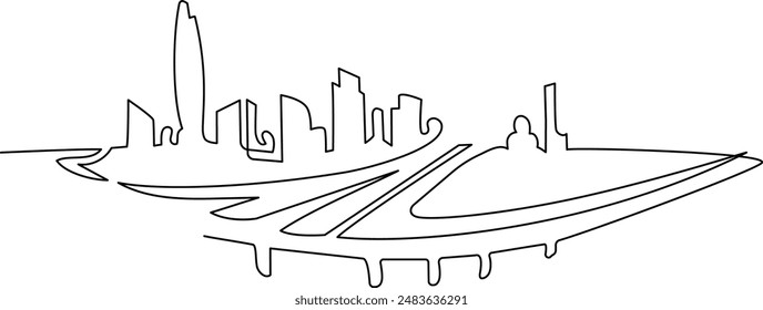 Megapolis. Continuous line drawing.Illustration of the highway and cityscape of the city. Vector