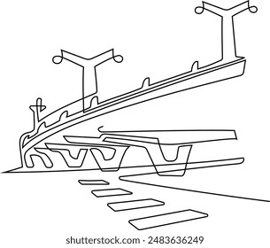 Megápolis. Intercambios de transporte difíciles. Pasos elevados y puentes. Dibujo de línea continua. Vector