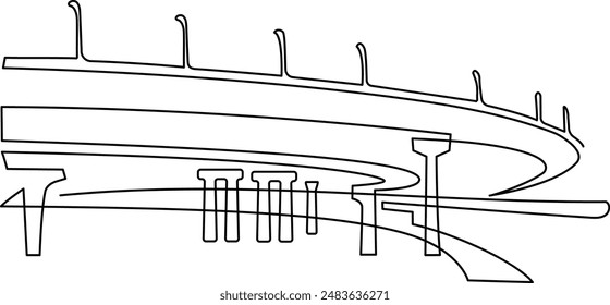 Megapolis. Difficult transport interchanges. Overpasses and bridges. Continuous line drawing. Vector