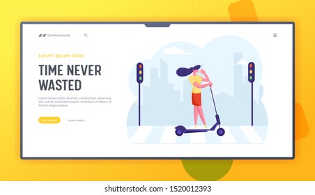 Megapolis Lifestyle Website Landing Page. Young Business Woman Drinking Coffee while Riding Scooter to Work Crossing City Crosswalk with Traffic Lights Web Page Banner. Flat Vector Illustration
