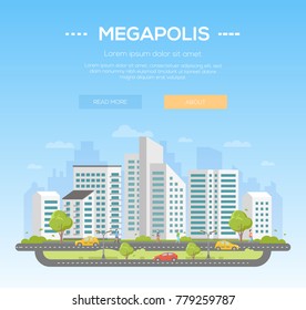 Megapolis - modern vector illustration with place for text on light blue background. Nice urban landscape with skyscrapers, trees, people walking, cars on the road, clouds in the sky