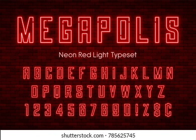 Alfabeto luminoso Megapolis neon, fuente extra brillante realista con fondo de pared de ladrillo. Control exclusivo de color de muestra.