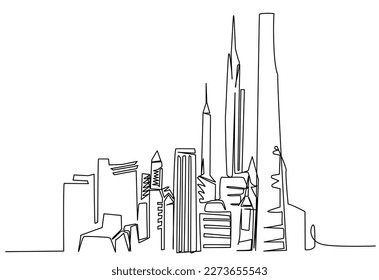 Megapolis one line on a white background. Stock vector illustration of a big city with skyscrapers. The concept of a technologically advanced society.