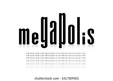 Megapolis skyline style font, alphabet letters and numbers vector illustration