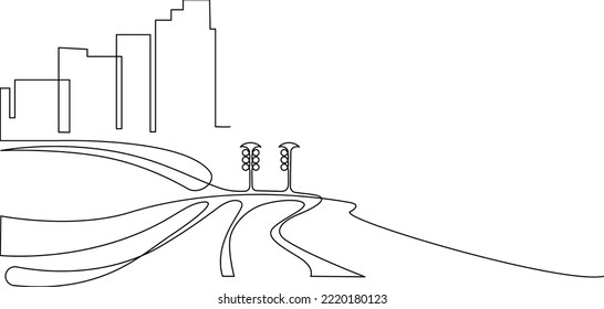 Megapolis with skyscrapers Urban space against the backdrop of autobahns. Continuous line drawing. Vector illustration.