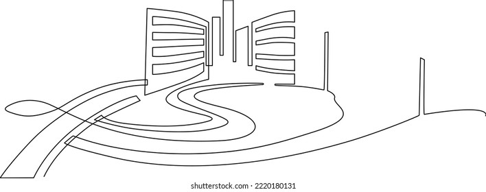 Megapolis with skyscrapers Urban space against the backdrop of autobahns. Continuous line drawing. Vector illustration.