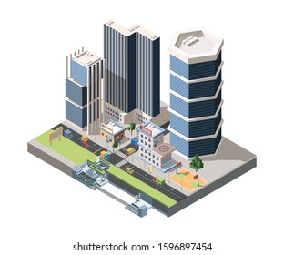 Megapolis street scenery detailed vector isometric illustration
