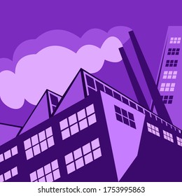 Megapolis three-dimensional view of the factory. View from below inclined perspective. Buildings on abstract background
