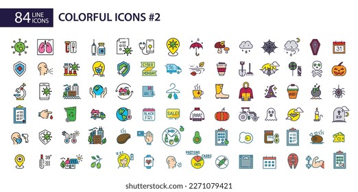 Megaset part 2. 84 colorful icons. Covid, keto diet, autumn and Halloween. Pixel perfect stroke, editable line design