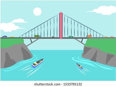 A megastructure suspension bridge over a canal or port. Editable Clip Art.